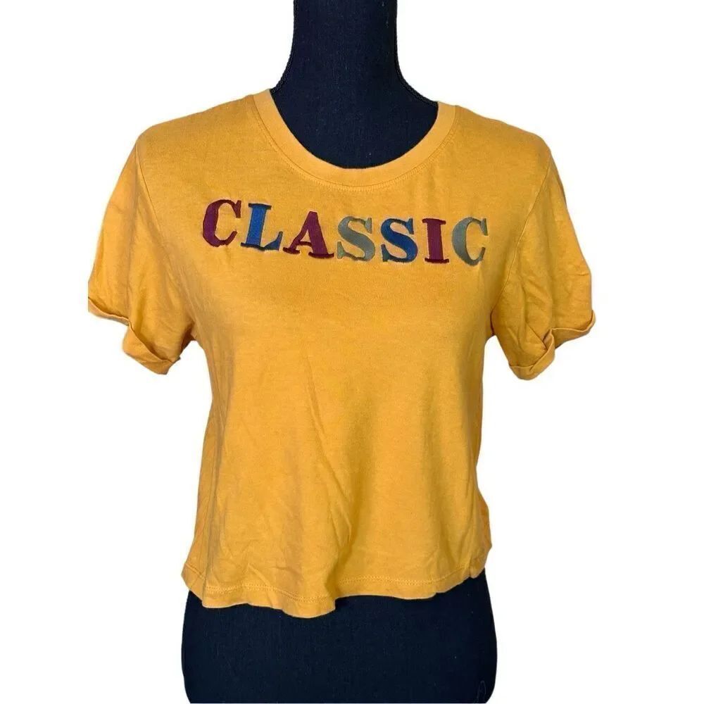 Vibe N’ Cropped Short Sleeve Top Mustard Yellow Embroidered CLASSIC across the f